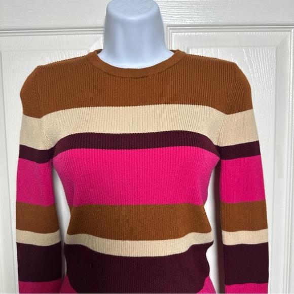 Zara Knit Top Women’s Medium Pink Brown Striped Preppy Sweater Y2K Colorblock - Picture 3 of 9